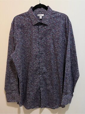 Bar III Navy and Burgundy Micro Floral Button-Down Shirt Slim Fit Stretch